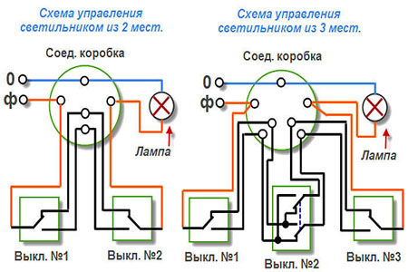 Схема управления светом из двух и трёх мест с помощью переключателя